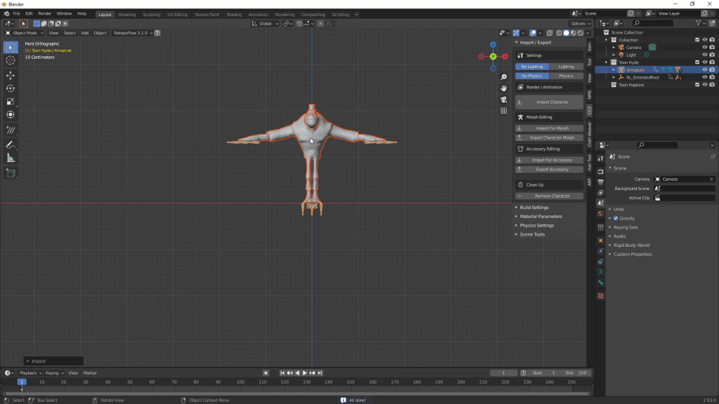 Setting up the character in Blender.