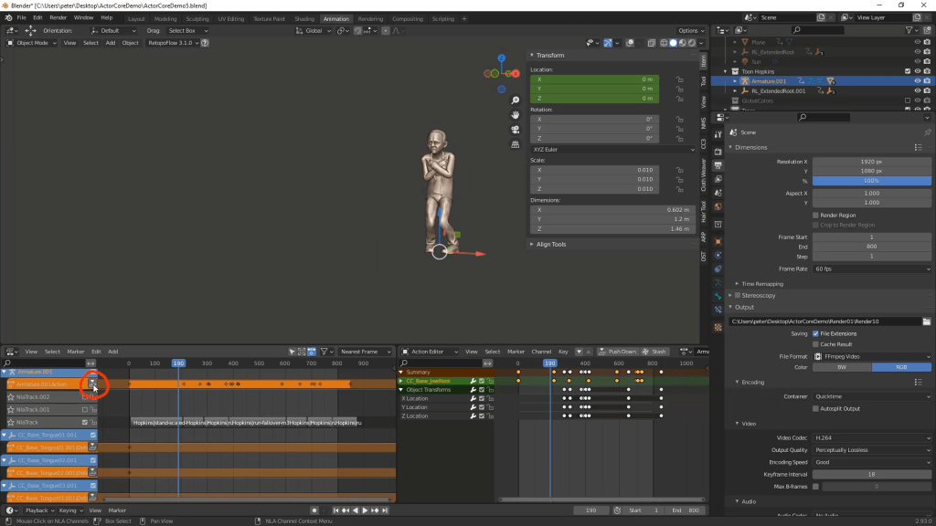 Adding animation key-frames in Blender.