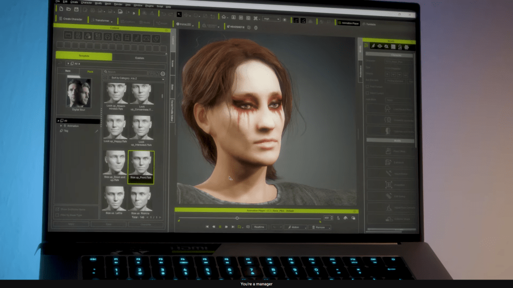 Creating 3D game characters with Character Creator on Razer Blade Studio laptops.