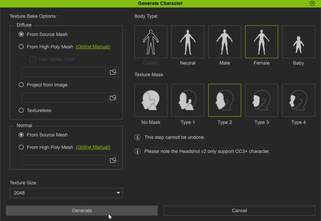 Female” Body Type and “Type 2” Texture Mask
