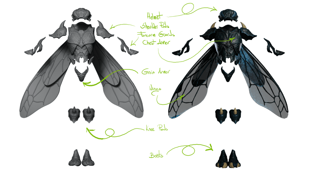 Insectoid armor breakdown: ZBrush sculpt vs textured pieces — helmet, shoulder pads, chest armor, wings, and boots for CC5