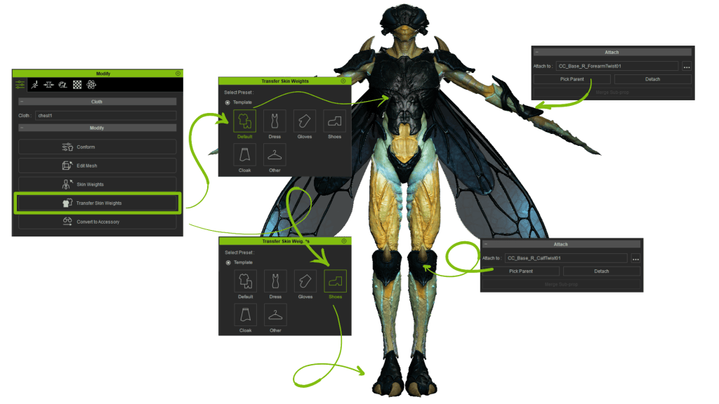 CC5 armor rigging: Transfer Skin Weights presets for chest and shoes alongside Pick Parent for rigid forearm and knee pieces
