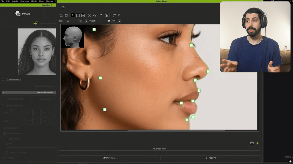 Reallusion CC5 Headshot 3 UI refining a 3D character head from a photo with Hybrid AI controls, observed by Neri Neto.

