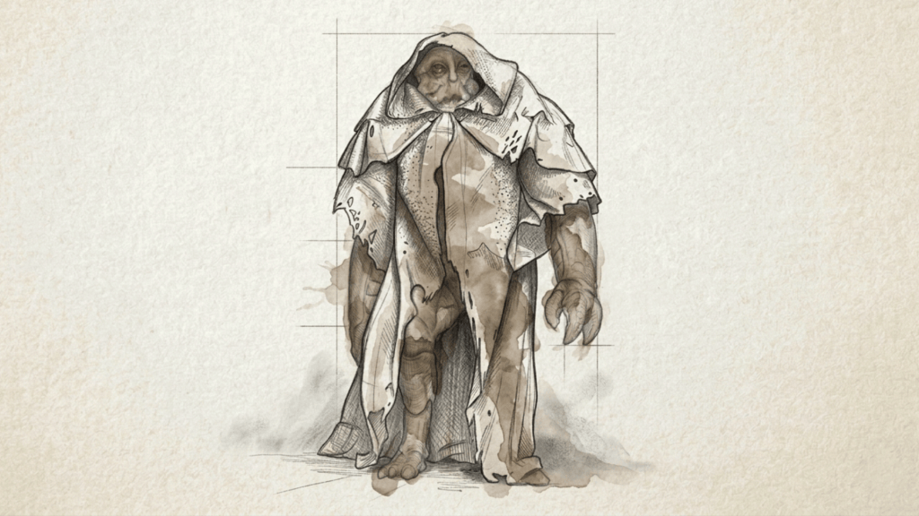 Concept art by KithKart: crustacean alien in a weathered pilgrim cape — the cloth physics reference for the CC5 workflow
