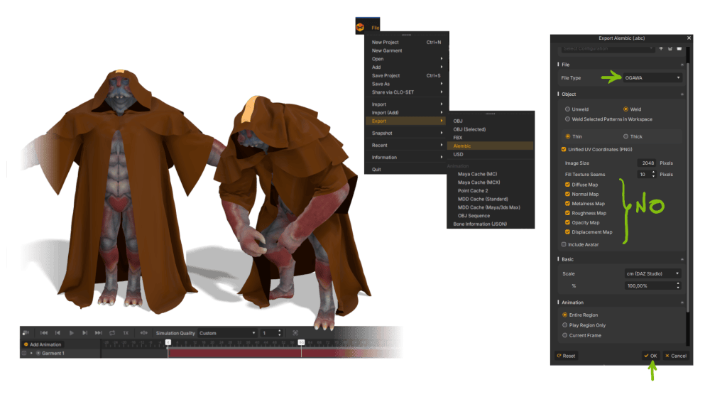 Marvelous Designer Alembic export: simulated cape on the crustacean with textures deactivated — geometry-only export for CC5 and iClone