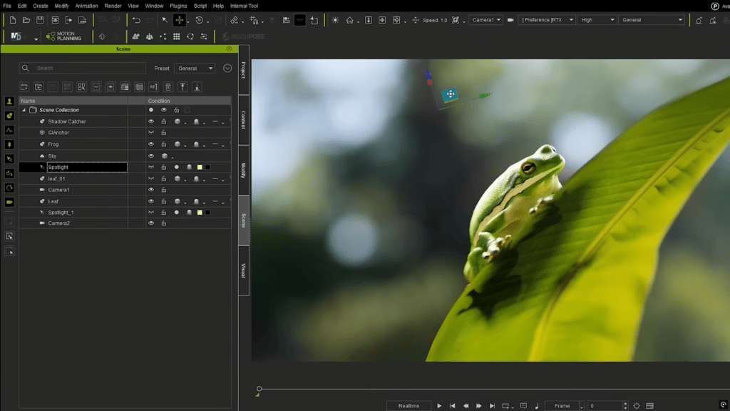 Reallusion iClone 8 UI: Spotlight selected in Scene panel, real-time 3D frog on leaf in viewport, demonstrating RTX for 3D production.
