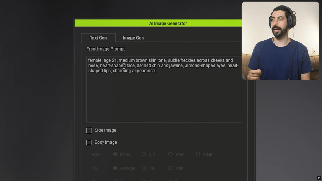 Reallusion Headshot 3 prompt in Character Creator 5 UI: detailed text for AI character generation, age 21 female.
