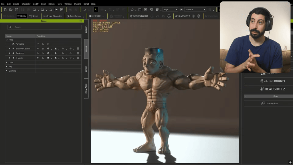 Neri Neto discusses Reallusion Character Creator 5 UI, showing a stylized muscular 3D character and Headshot 3 features.
