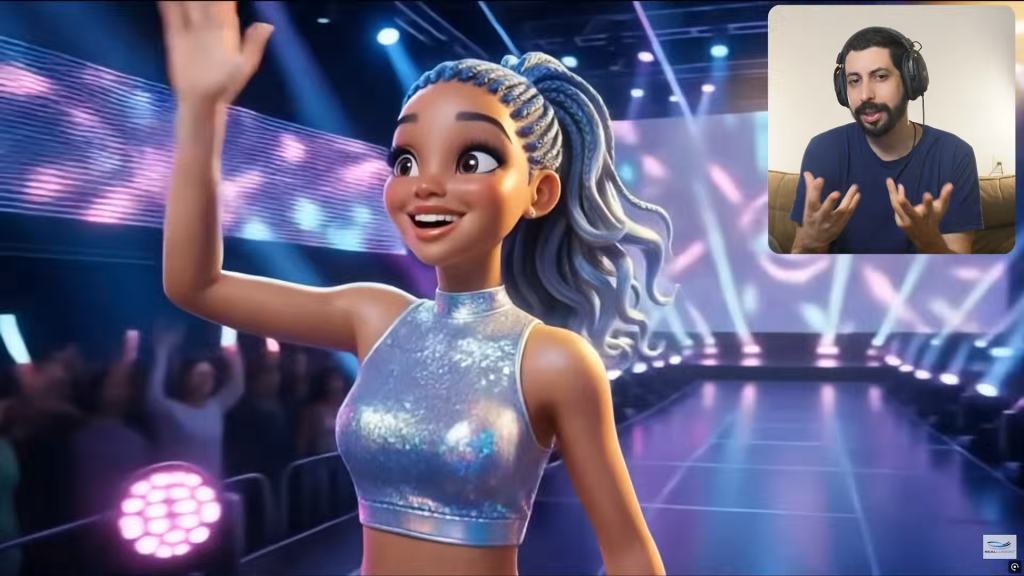 Neri Neto presents a waving, smiling Reallusion 3D character (CC5) with braids on a vibrant stage for Hybrid AI Studio workflow.