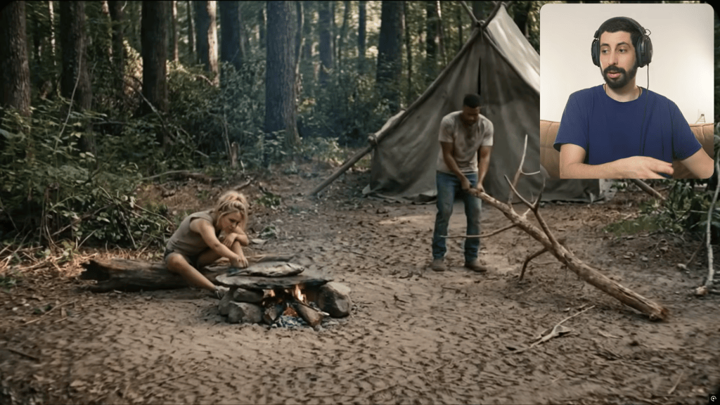 Neri Neto, game programmer, watches a Reallusion AI Studio scene: characters in a forest camp with a fire, showcasing iClone 8 & CC5 output.
