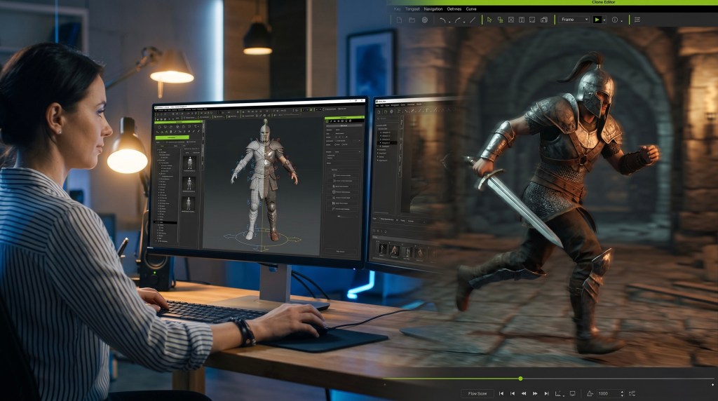 Game developer animates a 3D medieval knight in iClone after creating with Character Creator software, dual monitor displaying model, wireframe, and running scene.