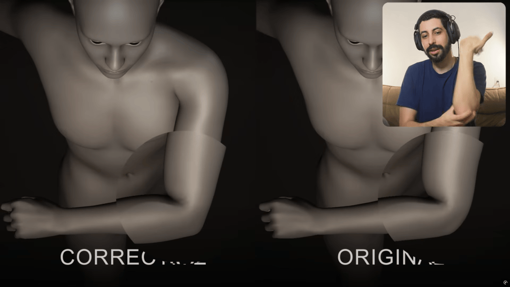 Reallusion 3D character: Joint Corrective Morphs (JCM) showcase improved elbow deformation for realistic animation.
