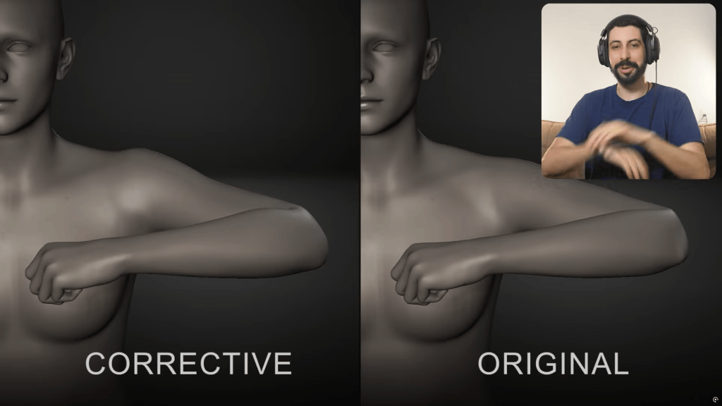 3D character model demonstrating Joint Corrective Morphs (JCM) for natural arm deformation; Neri Neto in video overlay.
