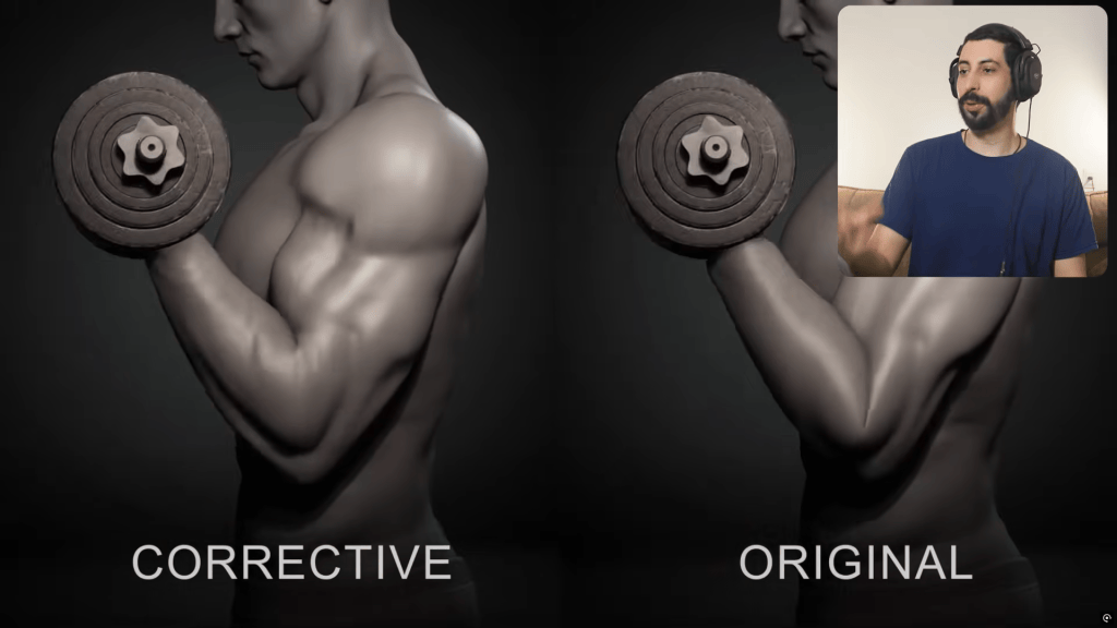 3D character animation: Corrective Morphs (JCM) ensure natural arm joint deformation; original shows unnatural elbow pinching.

