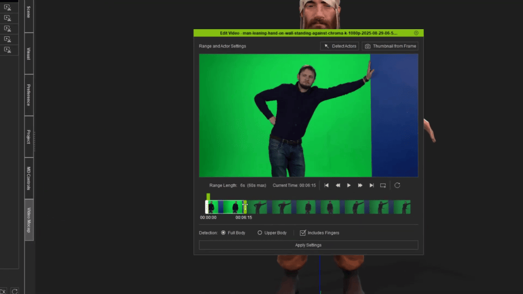 José Antonio Tijerín using iClone Video Mocap UI: Green screen actor for full body & finger tracking settings, animating 3D character.