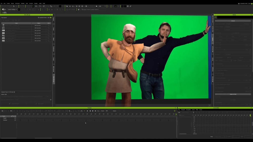 José Antonio Tijerín using iClone Video Mocap: 3D character mirroring live actor on green screen, timeline, camera, and curve editor views.