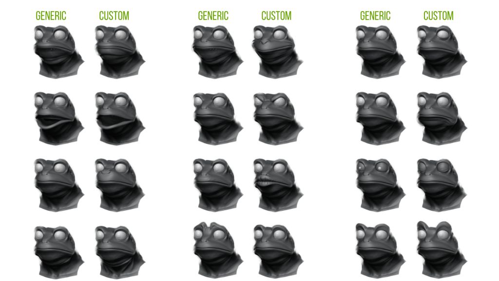 Generic vs custom smile comparison on the Frog Alien: ZBrush Face Tools produces a more natural, anatomically fitted expression in CC5