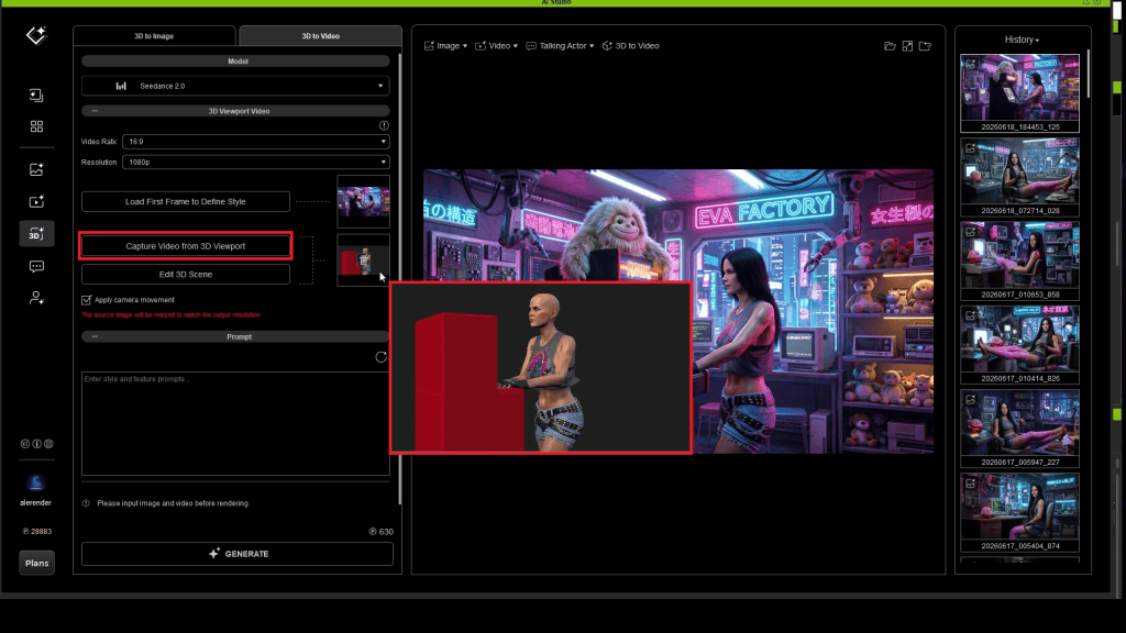 AI Studio 3D to Video UI with "Capture Video from 3D Viewport" selected, showing an imported iClone character guiding a cyberpunk scene.