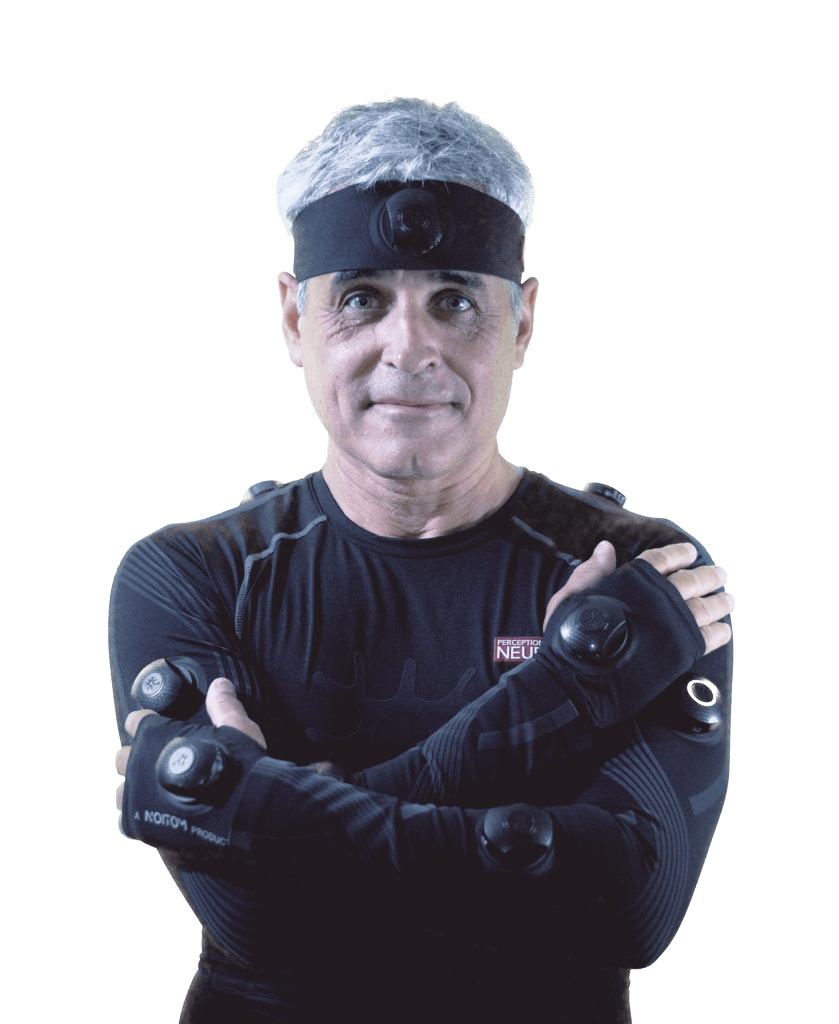 Animator Alejandro De Pasquale wearing a Perception Neuron MOCAP suit