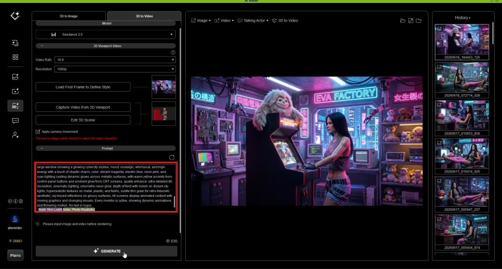AI Studio 3D to Video UI: EVA AI Actor playing arcade using iClone Mocap guide & prompt.