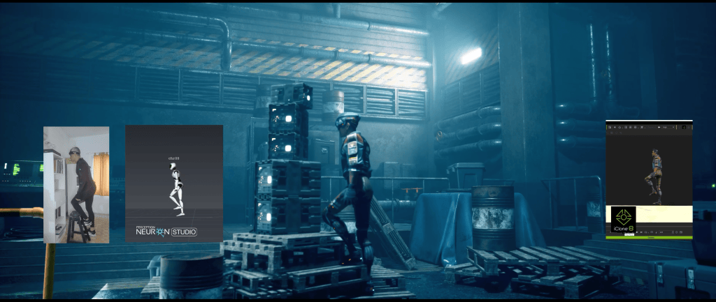 Alerender's iClone 8 mocap for AI Studio. Shows Perception Neuron suit wearing human, controlling CG robot, and custom AI Actor in iClone UI and 3D environment.