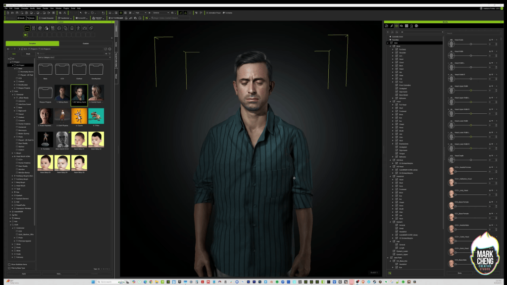 Reallusion Character Creator 5 UI: Mark Cheng's Powell character (Aaron base) with facial morphs, Modify panel, and content library.