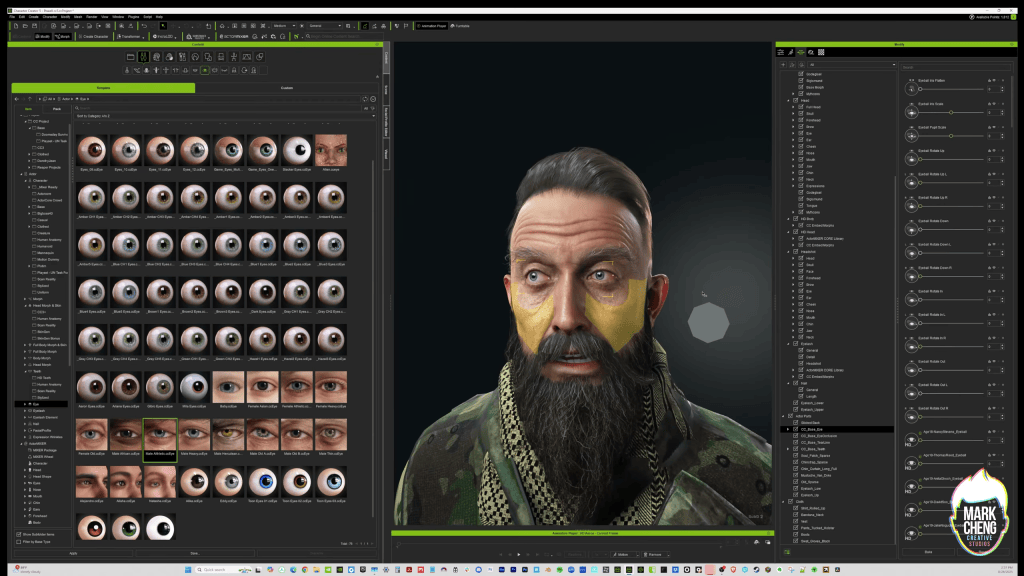 Reallusion Character Creator 5: Powell character with blue eyes, beard, yellow morph overlays, 'Eye' library, and 'Eyeball' modify panel.