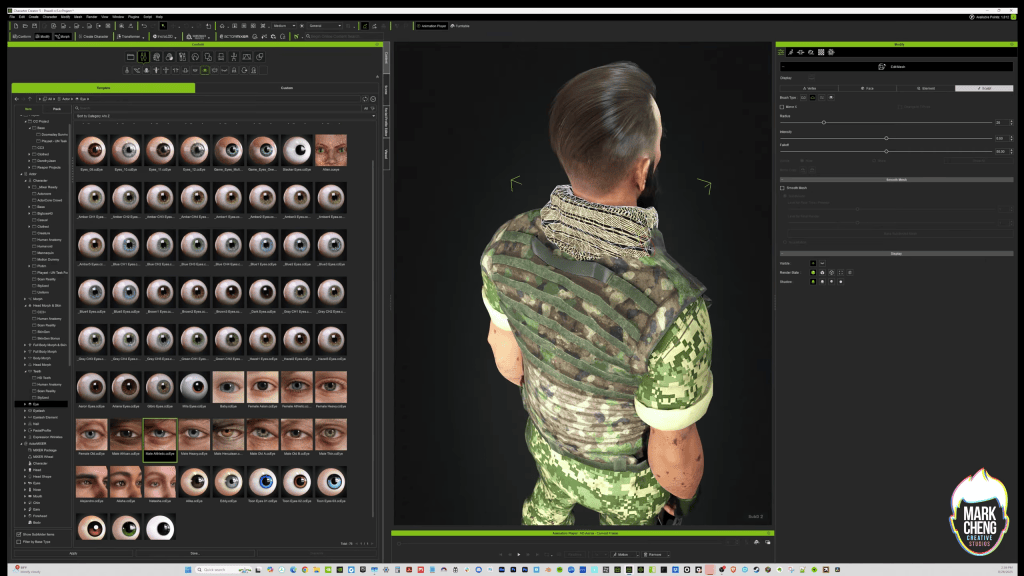Reallusion Character Creator 5 UI: 3D military character (Powell) backside with CC menu for eye selection & sculpt tools visible.