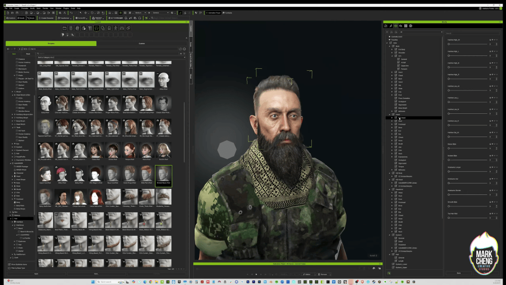 CC5 UI: Mark Cheng's 'Powell' in military uniform, showing beard customization via hair options & head morphs in the Modify panel.