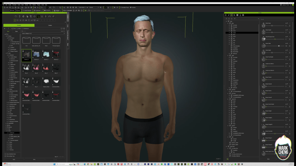 Mark Cheng customizes male 3D character in Character Creator 5, adjusting body morphs via Modify panel; underwear content visible.