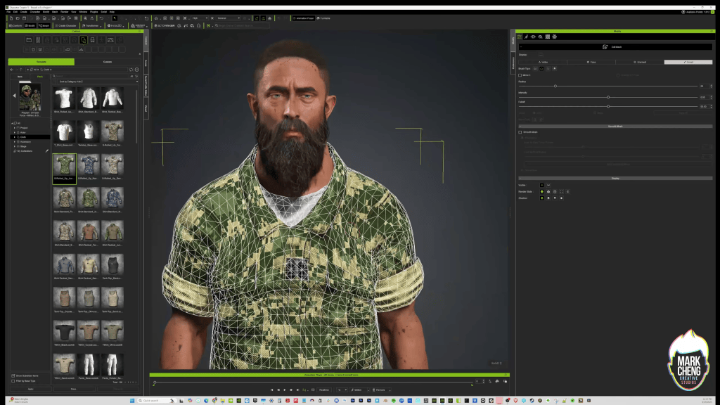 Character Creator 5 UI: 3D character 'Powell' in camo uniform, 'Apply Cloth Options' dialog, content library with tactical pants.
