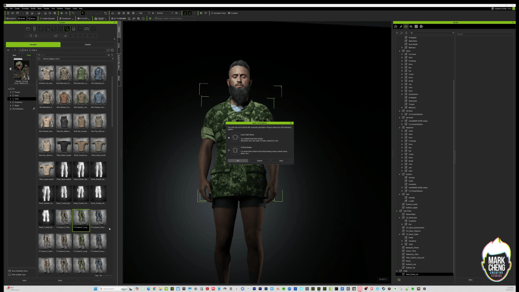 Character Creator 5 UI: 3D character 'Powell' in camo top, 'Apply Cloth Options' dialog, content library with tactical pants.
