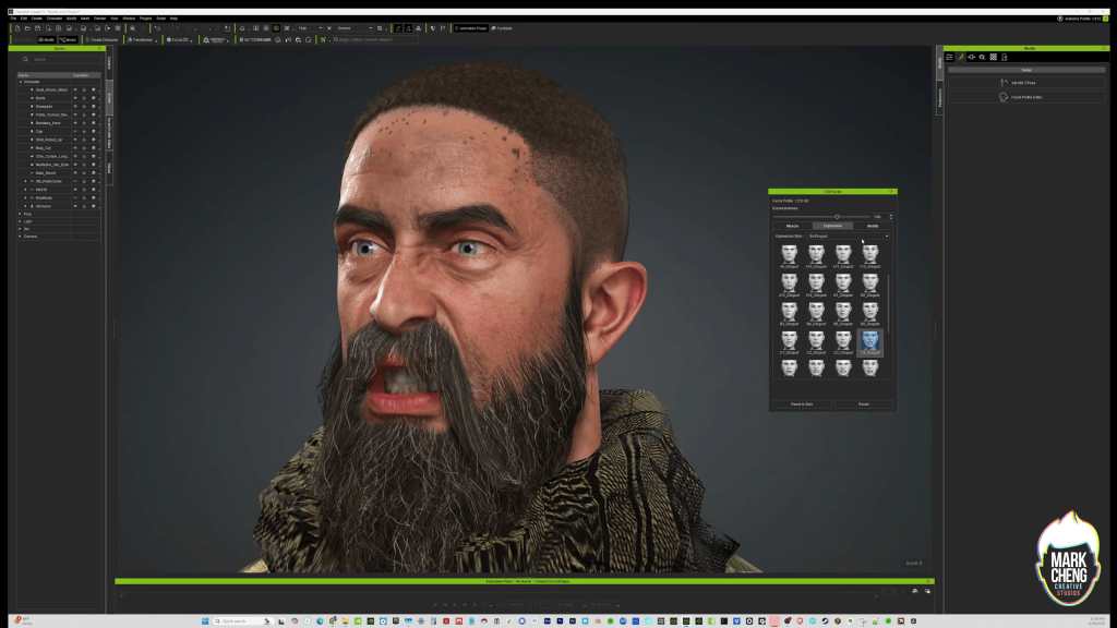 Character Creator 5’s Edit Facial panel used to fine-tune Powell’s intense expression for cinematic Unreal Engine.