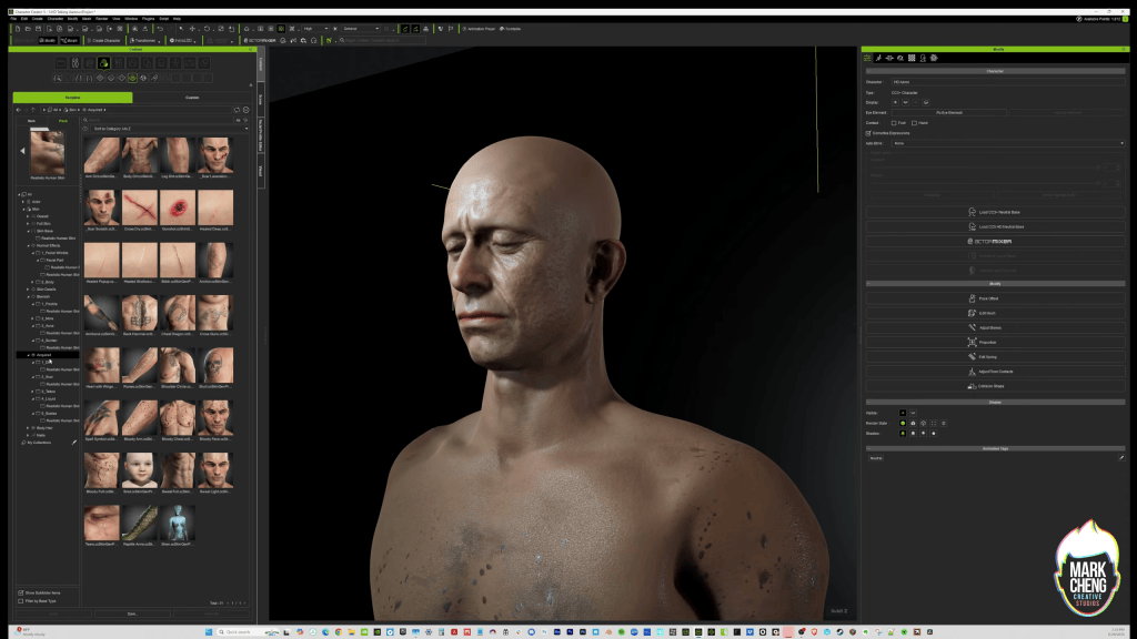 CC5 UI showing Aaron, a 3D character with PBR skin, dirt, and sweat textures, and the content panel for skin effects.