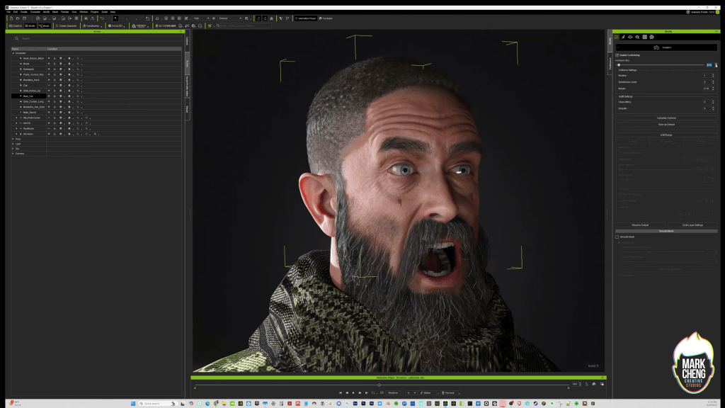 Character Creator 5 UI: 3D character Powell (Aaron base) with weathered skin, beard, open mouth for realism & expression tuning.