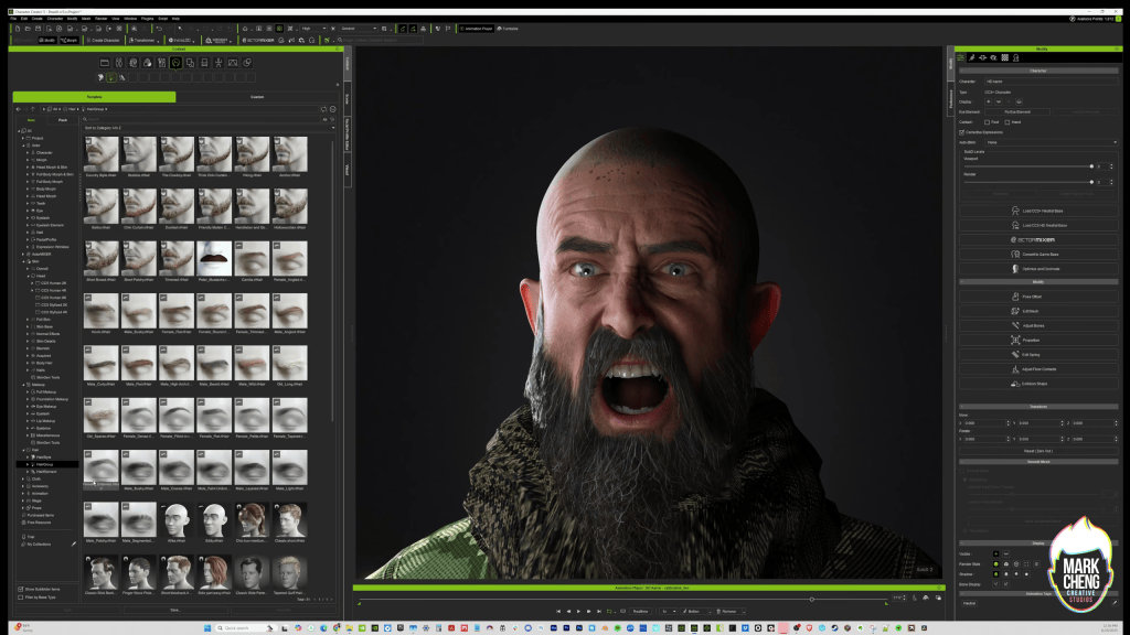 Reallusion Character Creator 5 UI: 'Modify' panel & 'Content > facial HairGroup' with Mark Cheng's 'Powell' character in intense expression.