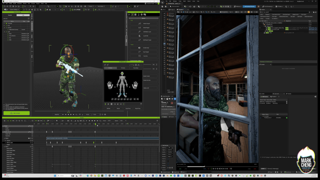 Powell in iClone animated in realtime inside Unreal Engine UIs, demonstrating Unreal LIVE LINK pipeline for EXTRACTED real-time character animation.