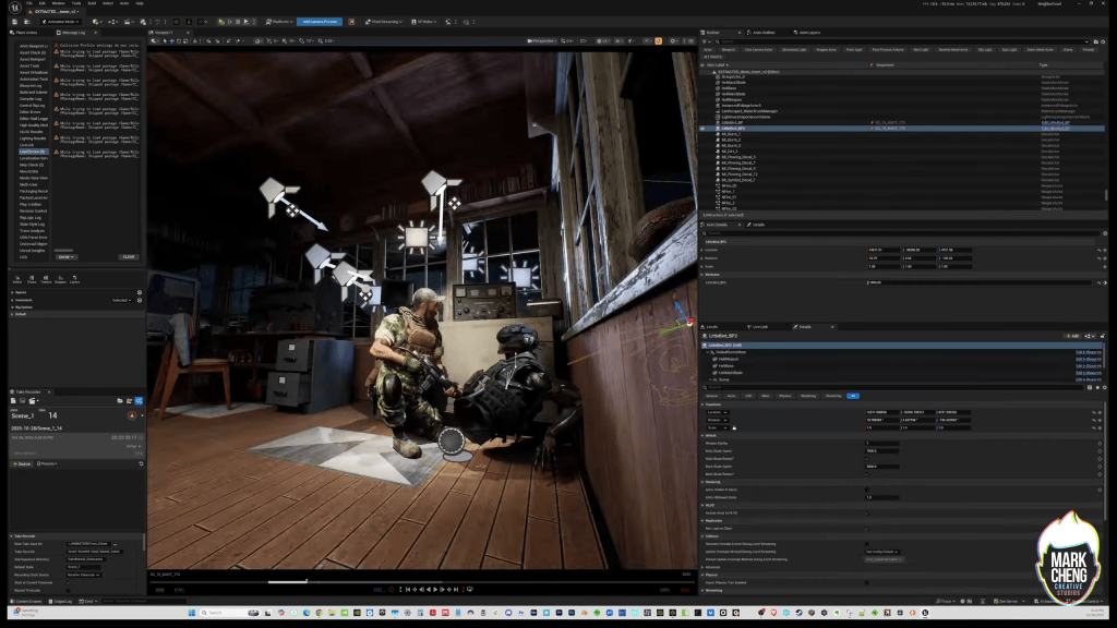 Unreal Engine UI showing Mark Cheng animating EXTRACTED's Powell character and a robot using iClone Live Link. Take Recorder panel visible lights.