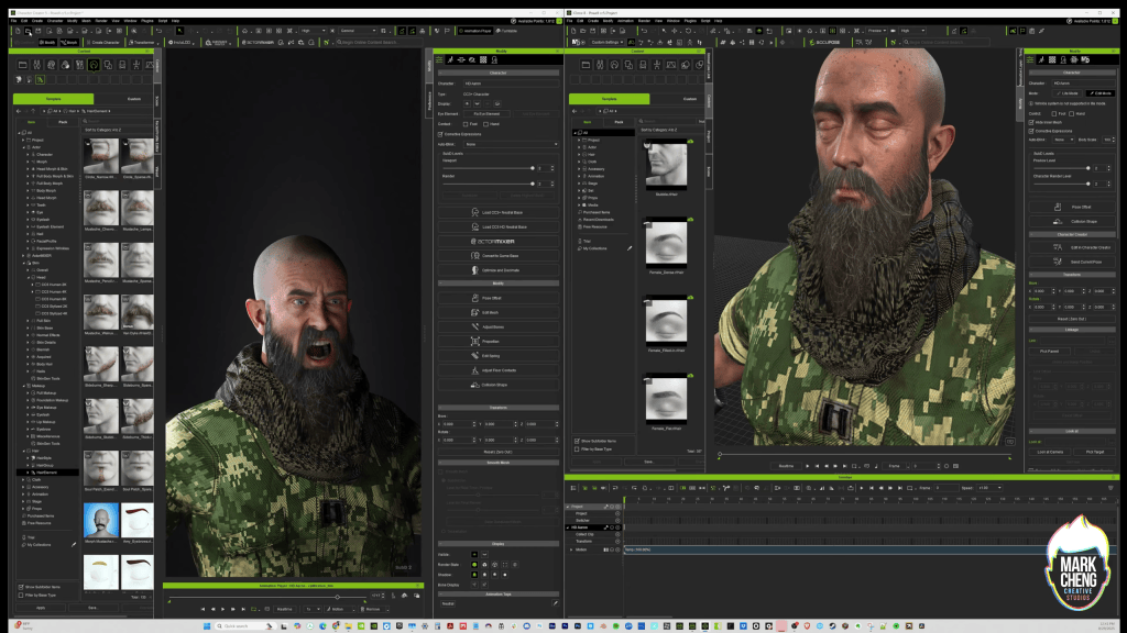 Reallusion Character Creator 5 and iClone 8 UI with 3D character Powell, bald with long beard & camo BDU, testing facial expressions & skin detail.
