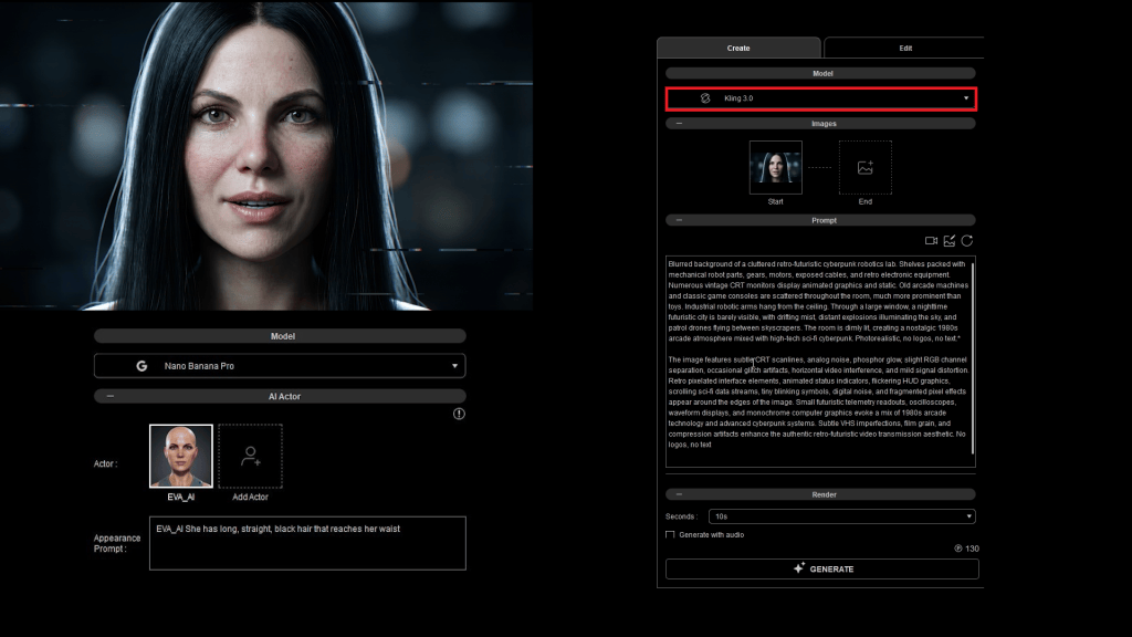 Reallusion AI Studio UI guiding AI video: EVA AI Actor, Nano Banana Pro & Kling 3.0 models, detailed prompt.