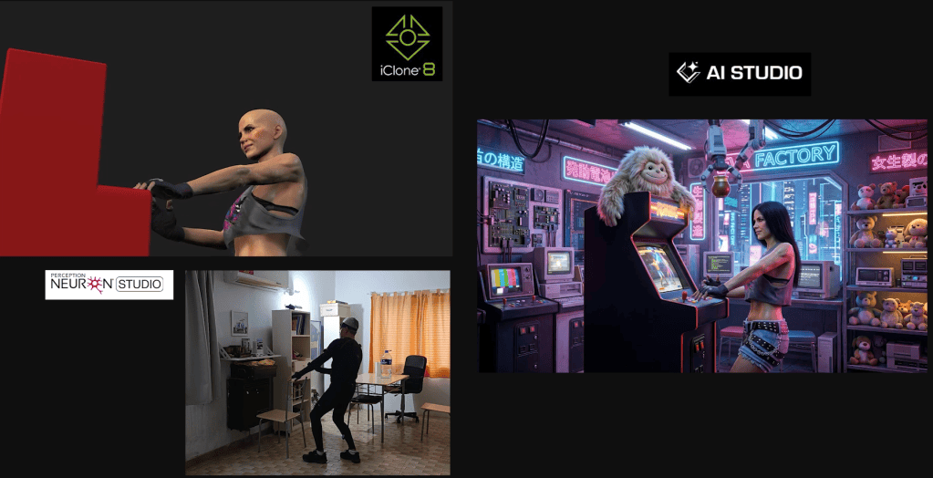 Perception Neuron mocap, iClone 8 3D character, and AI Studio AI actor for guided AI video generation.