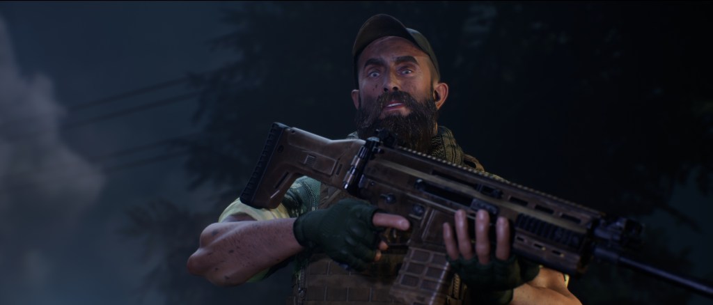 Powerll character made in Character Creator 5, a rugged, bearded soldier from EXTRACTED for Unreal Engine, in tactical gear, holding a rifle.