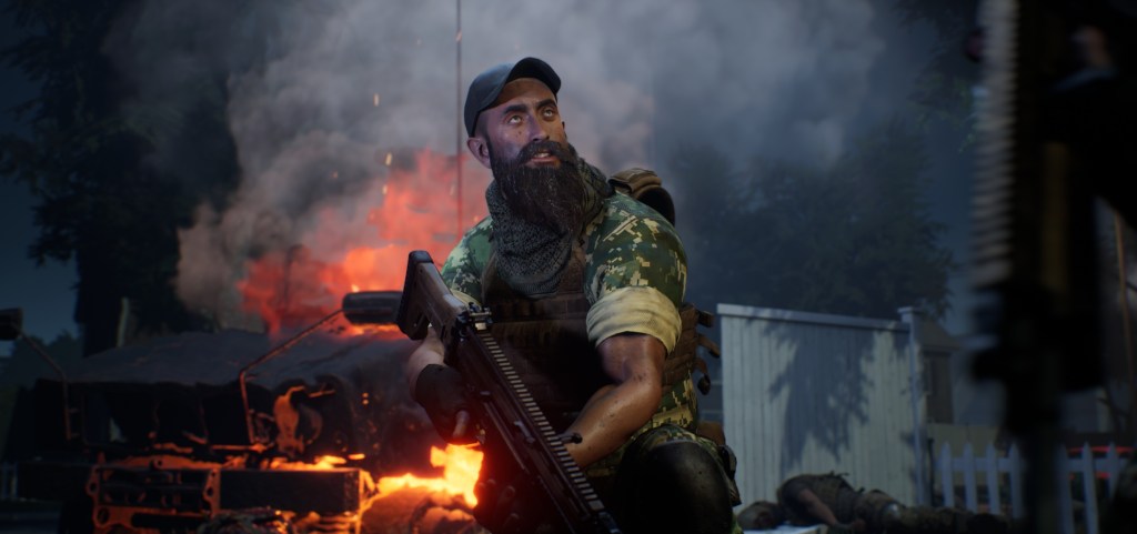 Character Creator 5's Powell character, a bearded soldier in military fatigues with rifle, surveys a burning vehicle in an Unreal Engine cinematic.