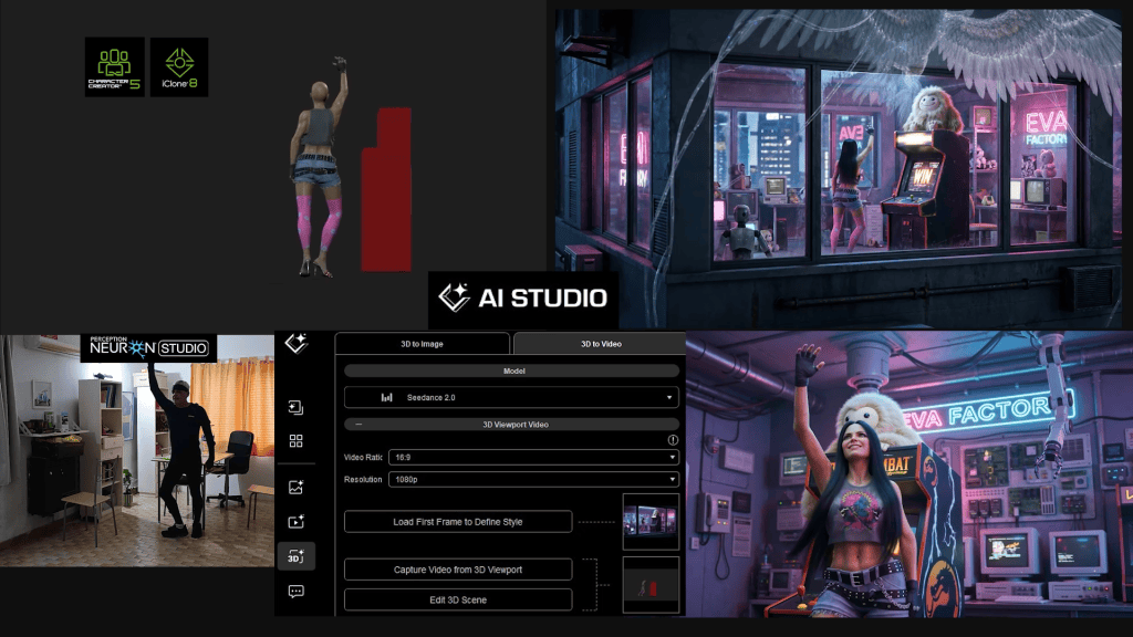 Reallusion's iClone 8, CC5, & Perception Neuron MOCAP workflow for AI Studio: 3D guide, live mocap, UI, AI-generated EVA character.