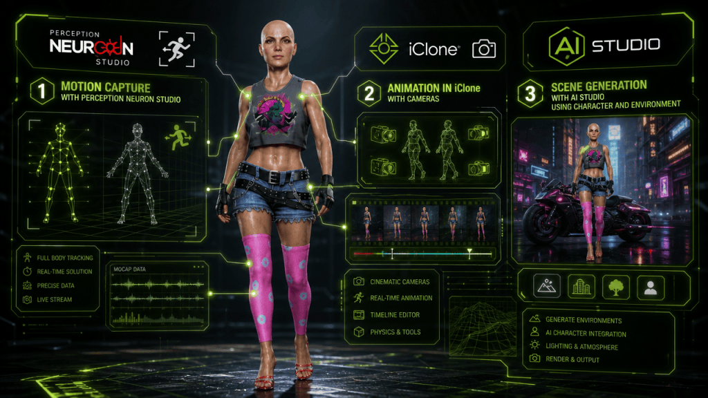Alerender's iClone 8, CC5, Perception Neuron mocap workflow for AI Studio: real-time animation, AI character integration, scene generation.