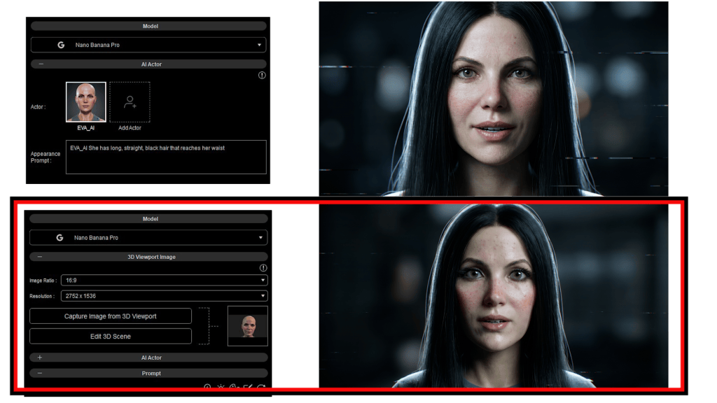 AI Studio UI for AI Actor EVA_AI from CC5/iClone 8. Appearance prompt, 'Capture Image from 3D Viewport' & generated AI character.