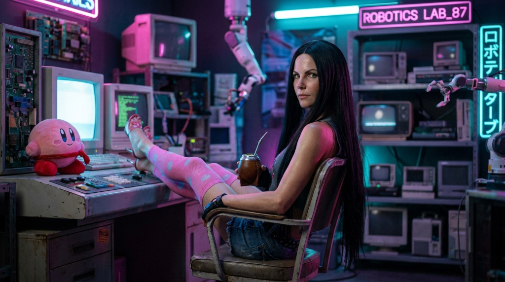 iClone 8 AI Studio workflow: Alerender's AI Actor (EVA) in a cyberpunk robotics lab, surrounded by retro tech & MOCAP guides.