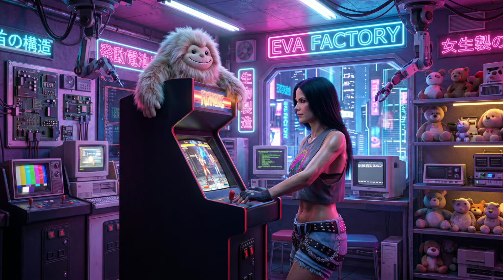 Alerender's EVA AI Actor (Character Creator 5) plays arcade, guided by iClone 8 mocap, in AI Studio render.