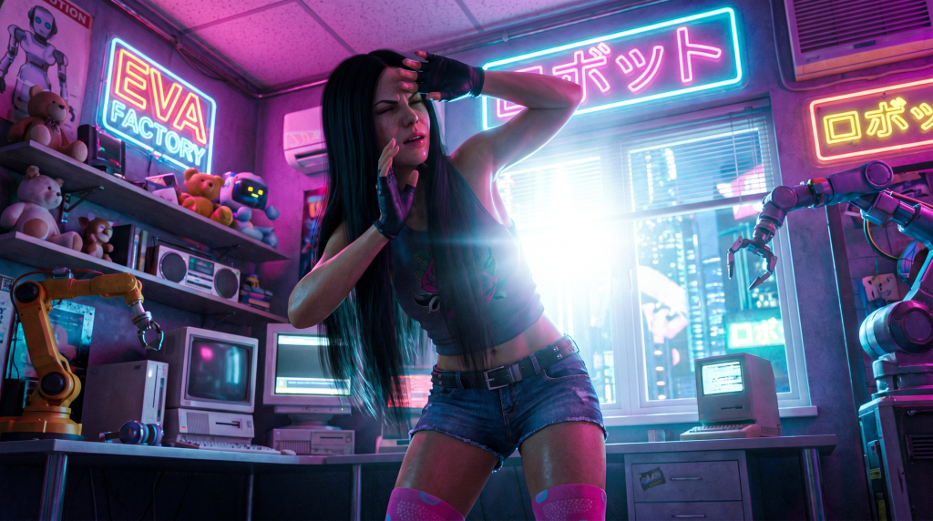 Alerender's EVA AI Actor (iClone/CC5) rendered with AI Studio, recoils in a neon AI Studio lab with retro tech & robotic arms, guiding AI video.