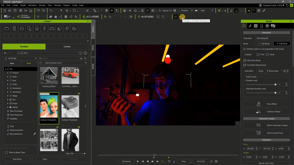 Switching to the AI Studio Workspace directly from the iClone dashboard